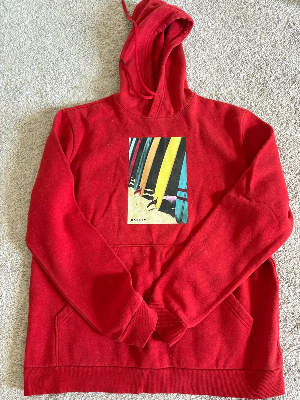 Oakley Men's Red Fleece Logo Graphic Hooded Pullover Hoodie Pockets XL